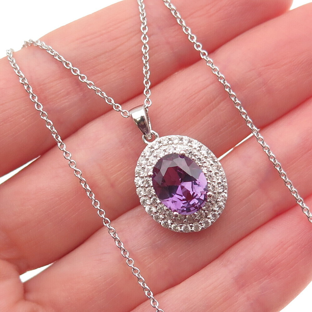 925 Sterling Silver Lab-Created Peacock Sapphire Real White Topaz Necklace 18"